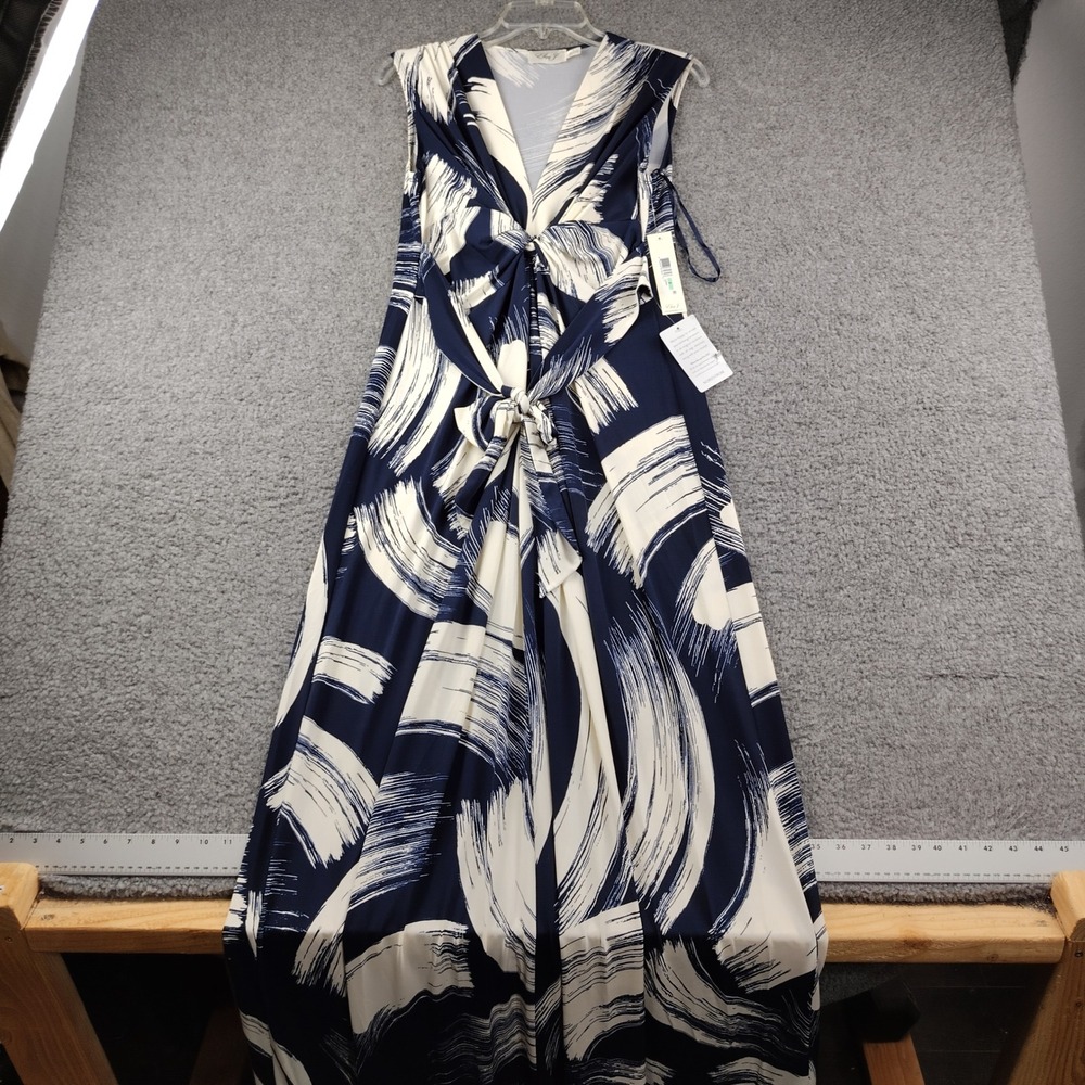 Eliza J Midi Dress Navy White Abstract Brushstroke V-Neck Knot Front Sz 8 NWT
